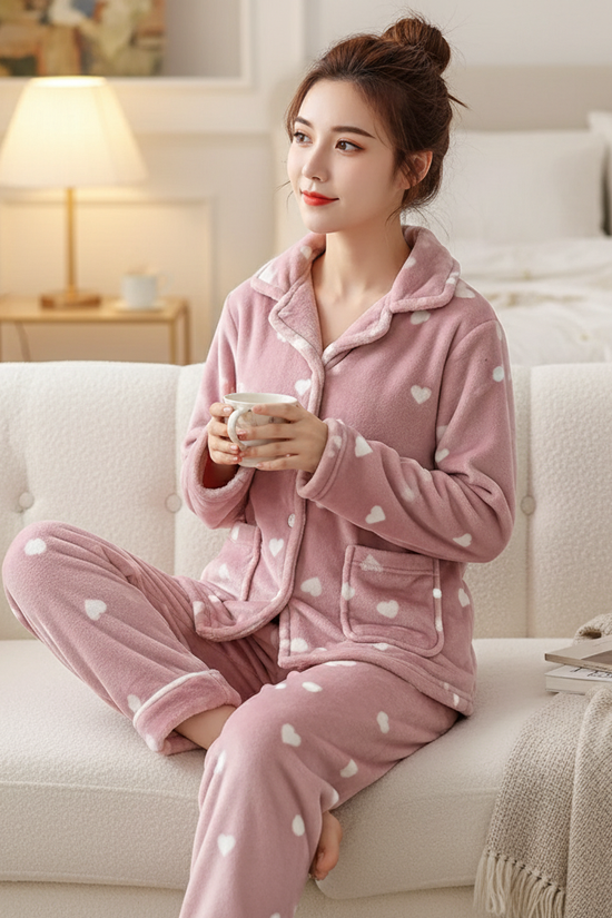 بيجامة قطيفة قلوب